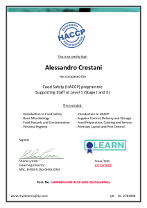 Alessandro Crestani certificate for Food safety stage 1 and 2
