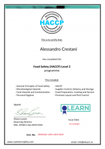 Cerftification for Alessamdro Cristini in food safety level 2