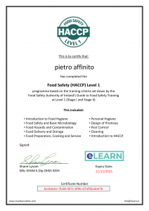 Certificate from Food safety Level 1 for Pietro Afiinito