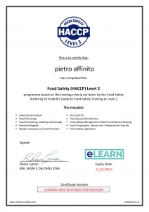 Certificate from Food Safety Level 2 For Pietro Affinito