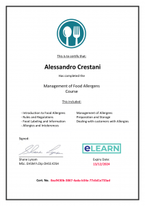 Certification for Alessandro Crestani in Management in food allerges